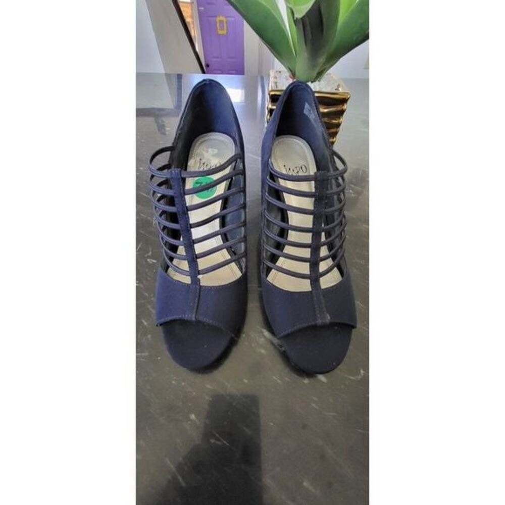 Impo Navy Blue Strappy Cage Peep‎ Toe Heels Dress Shoes Womens 7.5